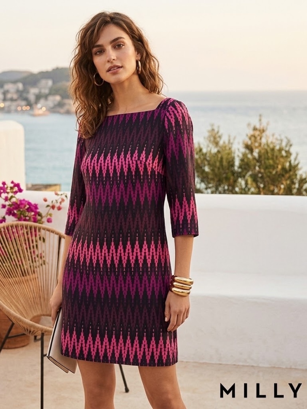 Milly of New York 100% Silk Geometric Print Shift Dress Pockets Pink Purple 6